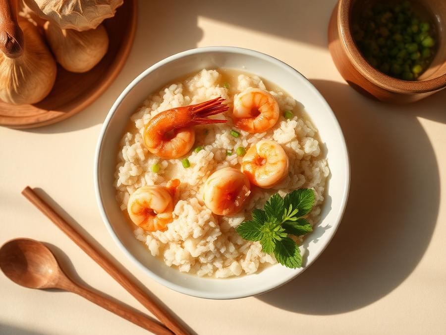 Ilustrasi hidangan Bubur Kanju Rumbi Ayam dan Udang