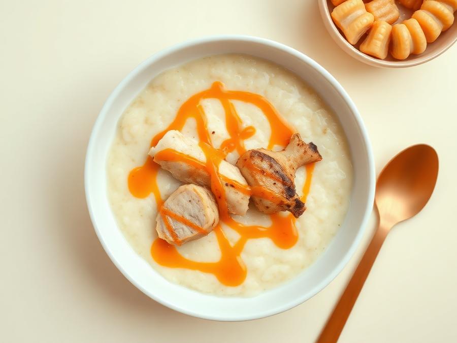 Ilustrasi hidangan Bubur Singkong Isi Ikan dan Ayam dengan Saus Jeruk