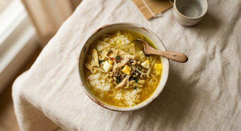 Ilustrasi hidangan Nasi Soto Ayam Kuah Kuning