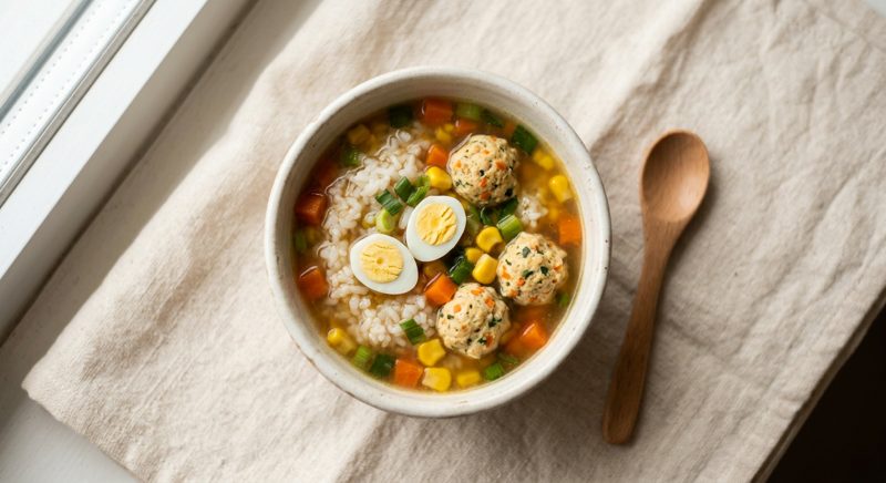 Ilustrasi hidangan Nasi Sup Telur Puyuh Bola Tahu Ayam