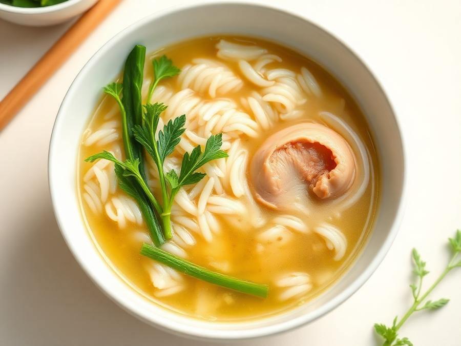 Ilustrasi hidangan Bubur Ceker Sawi Hijau
