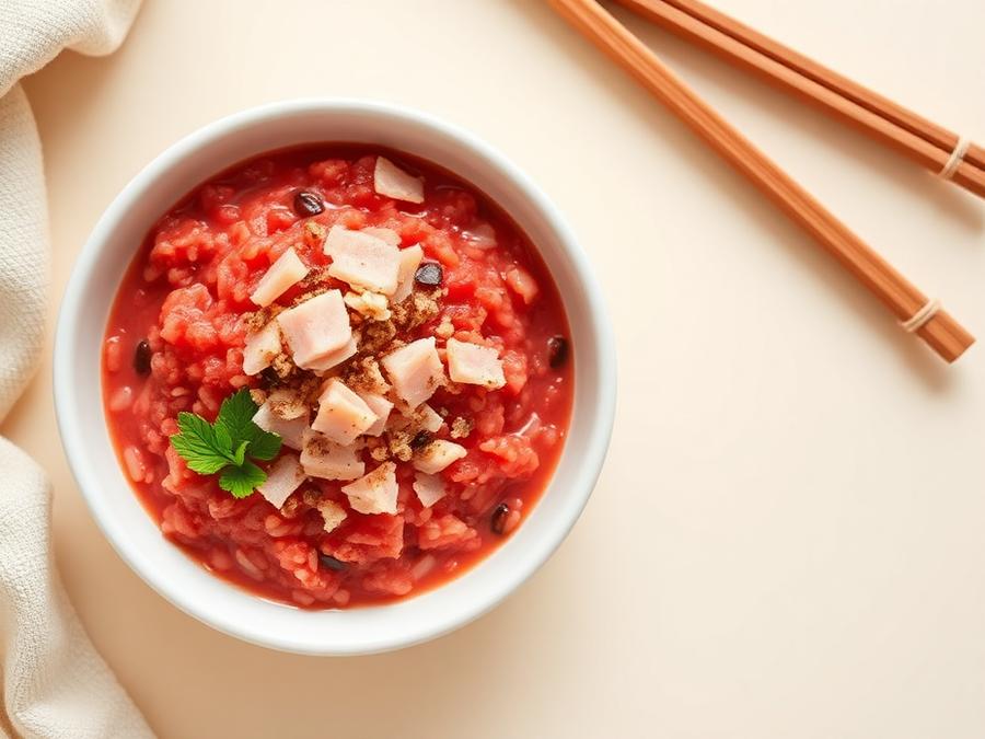 Ilustrasi hidangan Bubur Nasi Merah Ikan Tuna