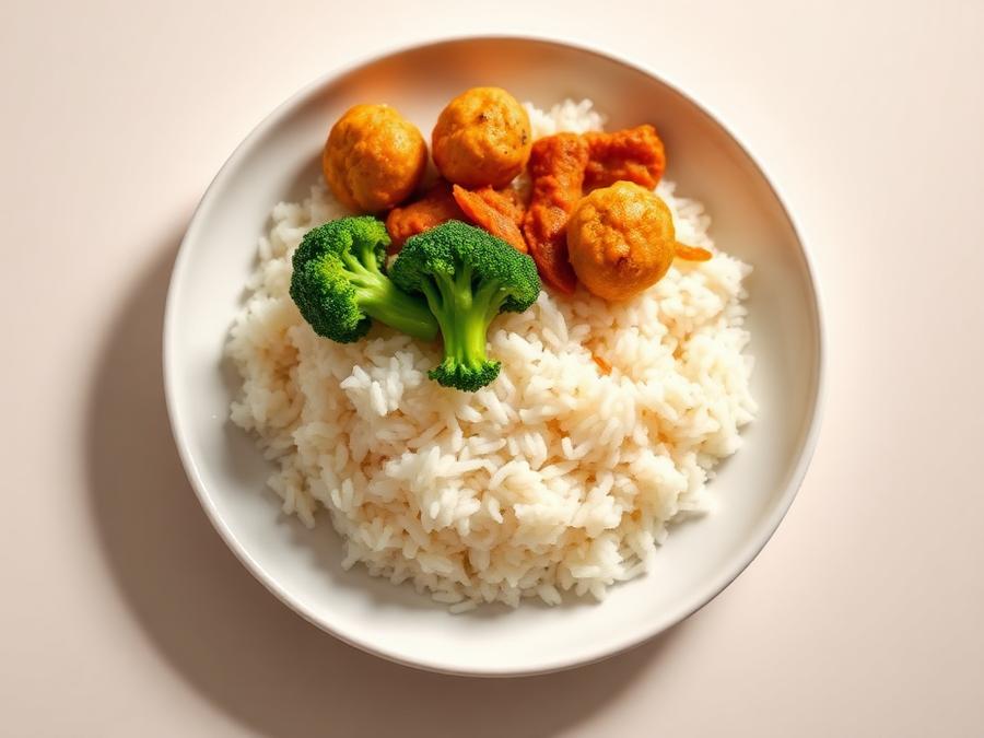 Ilustrasi hidangan Nasi Gurih Cah Bakso Ikan Brokoli